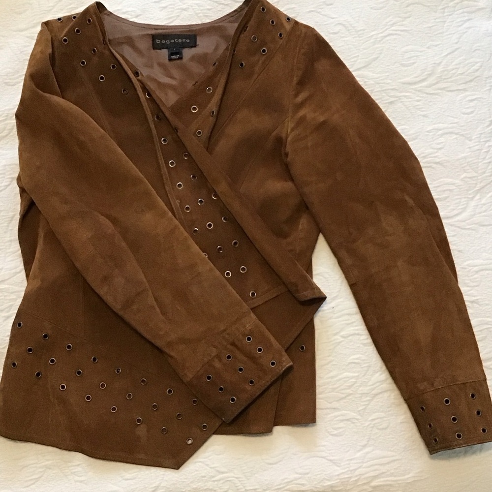 Bagatelle Caramel Brown Suede Blazer with Eyelet Accents